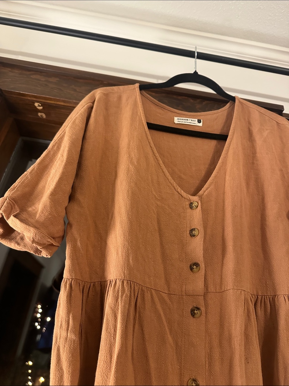 Jackson Rowe Linen Button-Front Rust Midi Dress - Picture 2 of 3